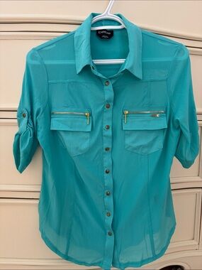 Vintage bebe Teal Button-Front Shirt with Gold Zippers
